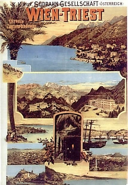 Turistični plakat za oglaševanje turističnih znamenitosti ob Južni železnici.
Na njem je upodobljena tudi Postojnska jama. Na plakatu je še Ljubljana,
Trst, Semering, Opatija, ...