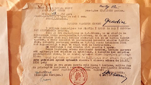 Soglasje za ustanovitev strelskega društva iz leta 1952