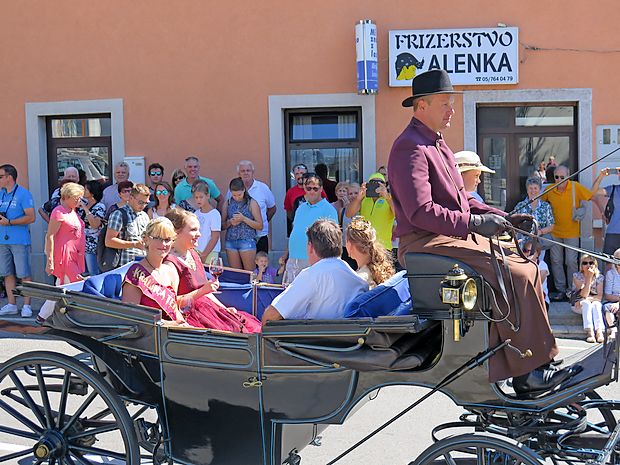 Brez kraljice terana ni Praznika terana in pršuta. Zdaj že bivšo
kraljico terana Kristina Tavčar in novopečeno kraljico terana
Tinkaro Gulič sta na prireditveni prostor pospremila David
Štok, predsednik Društva vinarjev in vinogradnikov Krasa, in
Maja Žibert, vinska kraljica Slovenije.