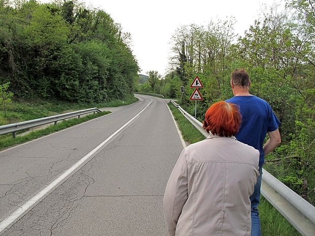 Da ljudje iz Saksida pridejo v Novo Gorico z avtobusom,
morajo naprej pešačiti po robu vozišča in ob varovalni
ograji.