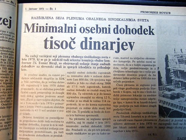 Obalni sindikalni svet si je prizadeval, da bi se minimalni
osebni dohodki zaposlenih z 800 tedanjih dinarjev v letu 1971
zvišali na 1000 dinarjev.