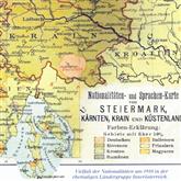 Narodnostna slika v avstrijskem Primorju glede na popis iz leta 1910. Različne barve kažejo, kje je posamezen narod predstavljal več kot polovico prebivalstva: zelena za Slovence, rumena za Hrvate, oranžna pa za Italijane   