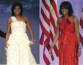 Michelle Obama se je odločila za dolgo rdečo obleko iz šifona in žameta s prekrižanima naramnicama, ki jo je zanjo tako kot pred štirimi leti oblikoval na Tajvanu rojeni newyorški oblikovalec Jason Wu 