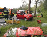 Voznik je z  avtomobilom   zdrsnil čez cesto in nato bočno  trčil v drevo Foto: Zgrs Sežana
